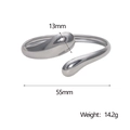 Detail view of silver open cuff bracelet showing 55mm diameter and 13mm water drop ends - Steel Color (SZ112)