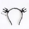 Detail of black lace Halloween headband with 5.7cm devil trident horns on white background - Black Trident