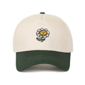 Detailed view of smiley sunflower embroidery on a contrast beige and green baseball cap - Beige/Army Green