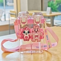 Pink dual-chamber water bottle with cartoon stickers and adjustable shoulder strap - 750ml / Pink (8805-1)