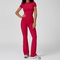 Slim fit brushed yoga set in magenta with crew neck top and flared high-waist pants - S / Short Sleeve + Flare Pants / Raspberry Red