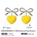 Silver bow stainless steel earrings with yellow heart drop and detailed size guide - Bright Yellow