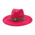 Vibrant fuchsia wide-brimmed felt hat with decorative ethnic bead band and tassels - One Size / Rose Red