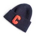 Navy blue knit beanie featuring an orange letter C chenille patch embroidery - Navy Blue