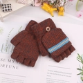 Detail of brown knitted convertible gloves with blue striped flap cover and button - One Size / Burgundy