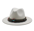 White wool fedora hat with ethnic beaded band, turquoise stone and grey fringe detail - White