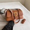 Brown faux leather baguette bag with gold buckle and decorative floral silk scarf - Brown