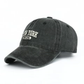 Detail of New York 1625 3D white embroidery on washed black cotton baseball cap - Black