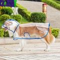 Transparent waterproof pet raincoat with blue trim for medium and large dogs on park grass - Dark Blue Edging