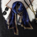 Navy blue chiffon long scarf with floral and leopard print for all seasons styling - Navy Floral Leopard