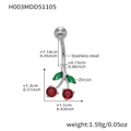 Silver stainless steel belly ring with red and green zircon cherry, size and weight details - H003-Cherry / 1.55x11.4mm / Steel