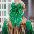 Pince à cheveux élégante nœud vert émeraude à paillettes avec longs rubans en tulle - Vert de Noël