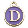 Round gold-plated charm with purple enamel inlay featuring a decorative letter D - Letter D / 1 Piece (12x14mm) / Purple