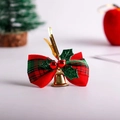 Red and green plaid Christmas bow with golden bells and green sequin leaves - Red Green Plaid Gold Wire Green Leaf Bell