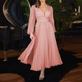 Elegant pink long-sleeve maxi dress with deep V-neck and pleated skirt design - S / Pink
