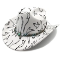 Cream western cowboy hat with black bird print, beaded band and turquoise leaf pendant - M (56-58cm) / Seagull Print with Beaded Decoration / White - Flat Top