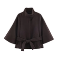 Short dark brown layered coat with standing collar and matching waist belt - XS / Coffee