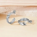 Polished silver geometric C-shape double layer earrings on a silk and stone base - 20mm (PJER439) / Silver