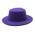 Detailed close-up of purple wool felt boater hat with fine stitching and wide brim - M (56-58cm) / Purple