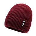 Men's burgundy thick knit beanie with ribbed texture and striped tag detail - One Size / Red