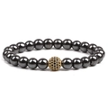 Detail of beaded hematite bracelet featuring a gold paved bead with black crystals - Gold Black Rhinestone Ball