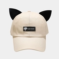 Detail of beige baseball cap with black cat ears and Hand Made patch on cotton fabric - Adjustable / Beige