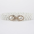 Three-strand white pearl belt featuring a rhinestone bow buckle with teardrop pendants - Waterdrop Pearl Bow Buckle