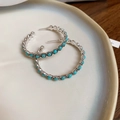 Vintage silver hoop earrings with small blue beads in a bohemian style design - Bohemian Hoop Silver Earring Post - Silver Blue (32#)