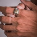 Retro stainless steel signet ring for men with yellow, white and black striped inlay - US-8 / Steel-Tiger's Eye