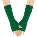 Detail of green knitted fingerless gloves showing the textured pattern and elastic cuffs - One Size / Verdant