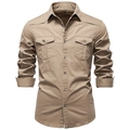 Detail of khaki denim shirt featuring pointed collar and symmetrical flap chest pockets - S / Khaki