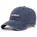 Close-up of Covenrat white embroidery on vintage washed blue cotton baseball cap - Navy Blue
