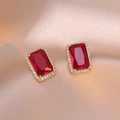 Gold earrings with rectangle ruby zircon surrounded by white sparkling crystals - Ruby Rectangular Style (E0207)