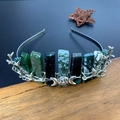 Detail view of green natural crystals with silver crescent moon pendants on bridal headband - Moss Agate + Triple Moon + Branch
