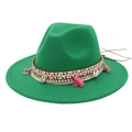 Ethnic green wool felt fedora hat featuring colorful woven band and shell tassels - Grass Green