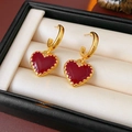 Macro detail of vintage gold C-hoop earrings with red heart enamel pendants - Gold-Red (S925 Silver Needle)