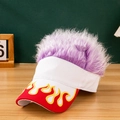 White visor hat with purple faux hair wig and red flame embroidery patch - White + Purple Hair