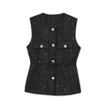 Fashionable black sequin tweed vest for women featuring decorative golden buttons - S / Black