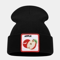 Detail of black knit beanie with square embroidered apple patch and folded cuff - Apple Pattern