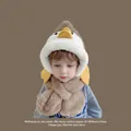 Cute kids winter hat and scarf set with brown penguin ears and soft fleece lining - Handmade Duck Khaki Color (1-4 Years Old)
