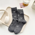 Dark grey mid-calf ribbed socks with white bow patterns displayed on a cream tray - One Size / Dark Grey (HT39)