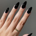 Glossy black stiletto fake nails with almond shape and a textured gold ring detail - Stiletto Shape / Glossy Black