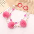 Pink plush ball and white pearl beaded phone wrist strap with floral accent charms - Rose Red Double Chain Style (K117)