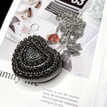 Mini heart-shaped crossbody bag with black rhinestones and a silver metal chain strap - Heart Black Triangle Style