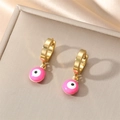 Polished gold evil eye hoop earrings with pink enamel charm detail for women - Rose Red