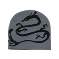 Dark grey knitted beanie with black dragon jacquard pattern for winter warmth - M (56-58cm) / Gray