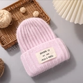 Pink rabbit fur knit beanie with woven letter patch and soft textured winter finish - Lotus Pink