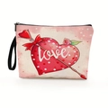Roze canvas make-uptas met hartjes en love print, voorzien van een zwart handvat - Patroon 1 (Hart en Rozen)