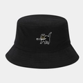Close-up of black cotton bucket hat featuring a cartoon cat embroidery with a knife - M (56-58cm) / Black