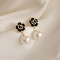 Elegant camellia pearl drop earrings with black and white floral accents and zircon - No.35 Black White Camellia Pearl (A6A32)